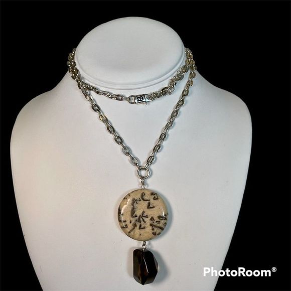 Etienne Aigner Large Dalmatian Jasper Stone Drop Necklace Silver Tone Signed - Picture 3 of 6